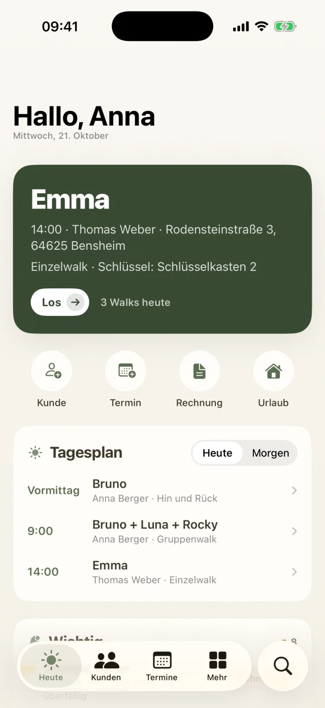 Heute-Bildschirm mit dem nächsten Walk, Schnellaktionen und Tagesplan.