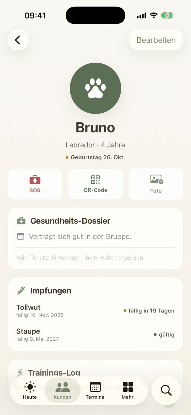 Hundeprofil von Bruno mit Gesundheits-Dossier und Impfungen.