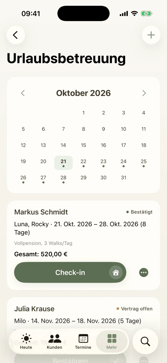 Urlaubsbetreuung mit Belegungskalender und Buchungskarten mit Check-in.