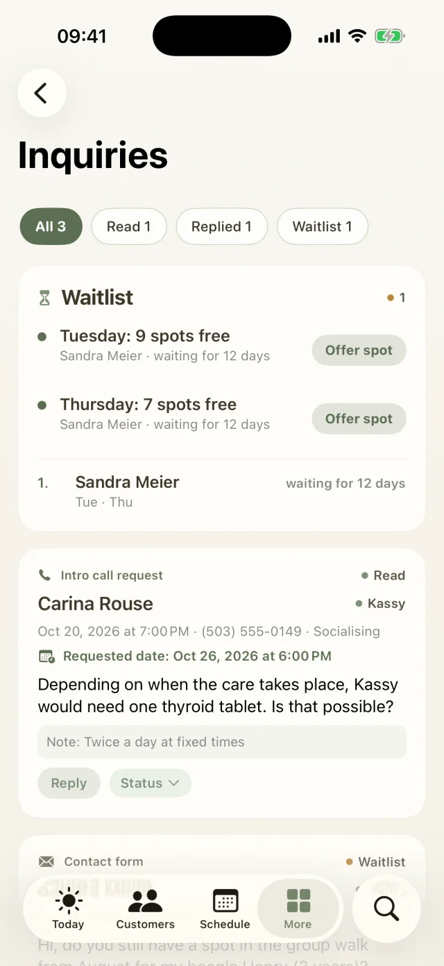 Inquiries with waitlist and free spots on Tuesday and Thursday.