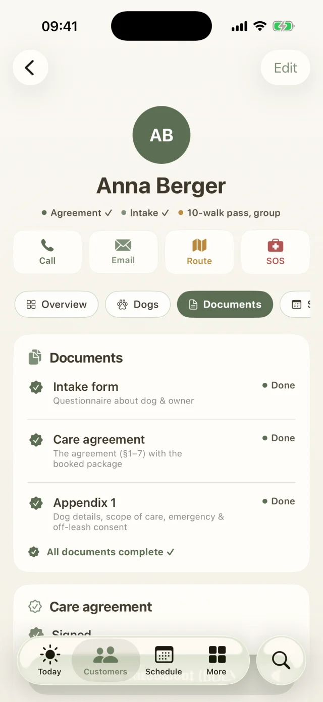 Documents in the customer profile: intake form, care agreement and appendix 1 are done.