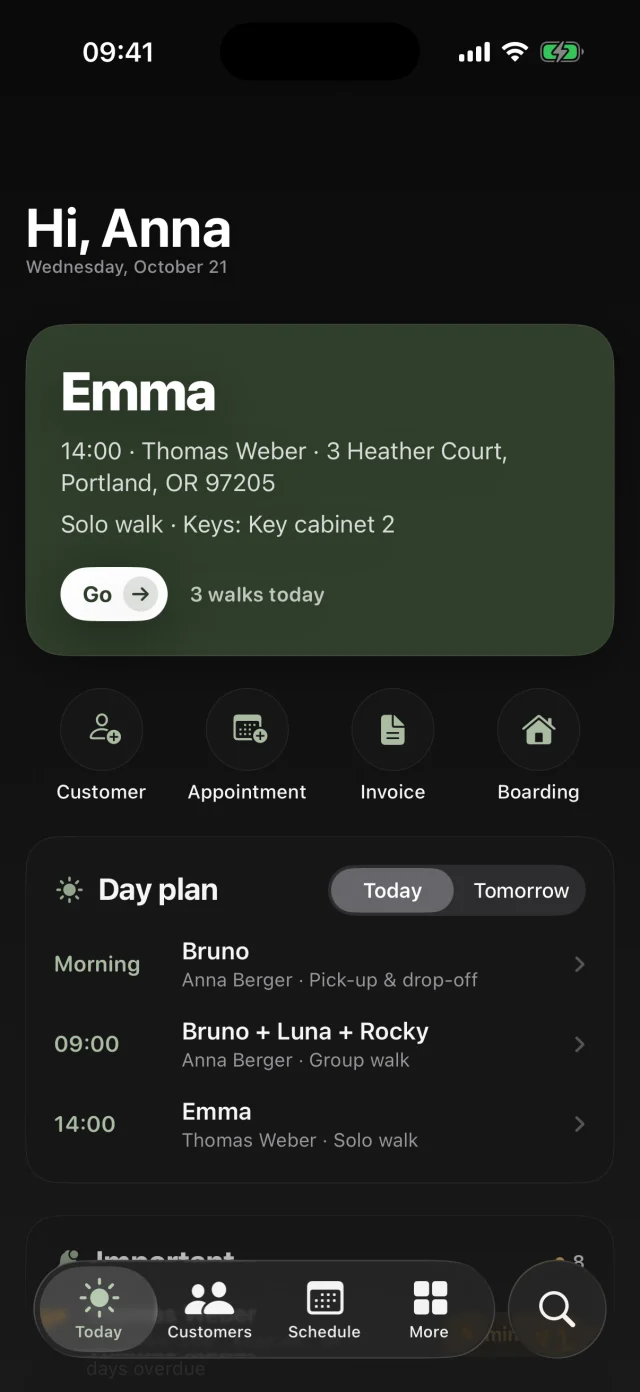 The same Today screen in dark mode.