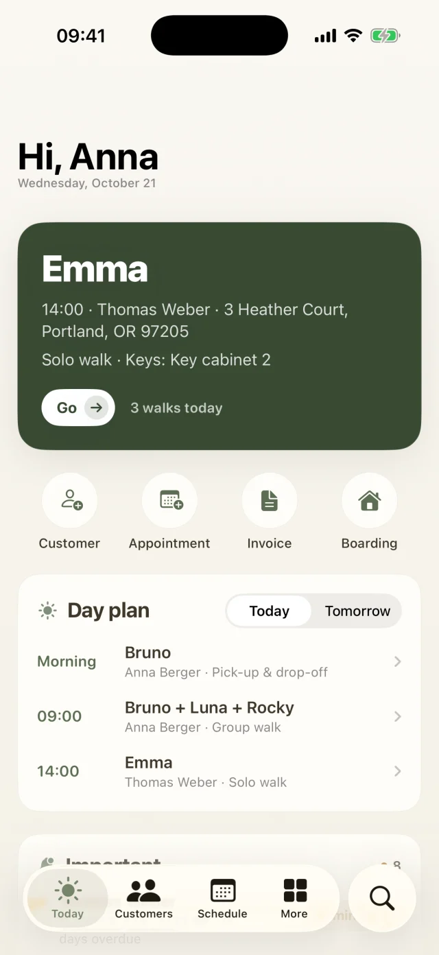 Today screen with the next walk, quick actions and the day plan.