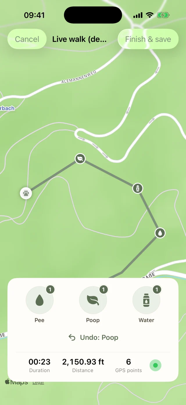 Live walk with the GPS route on the map and markers for pee, poop and water.