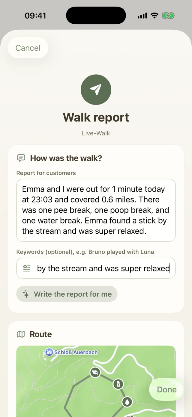 Walk report with a text written automatically from keywords, weather and markers.