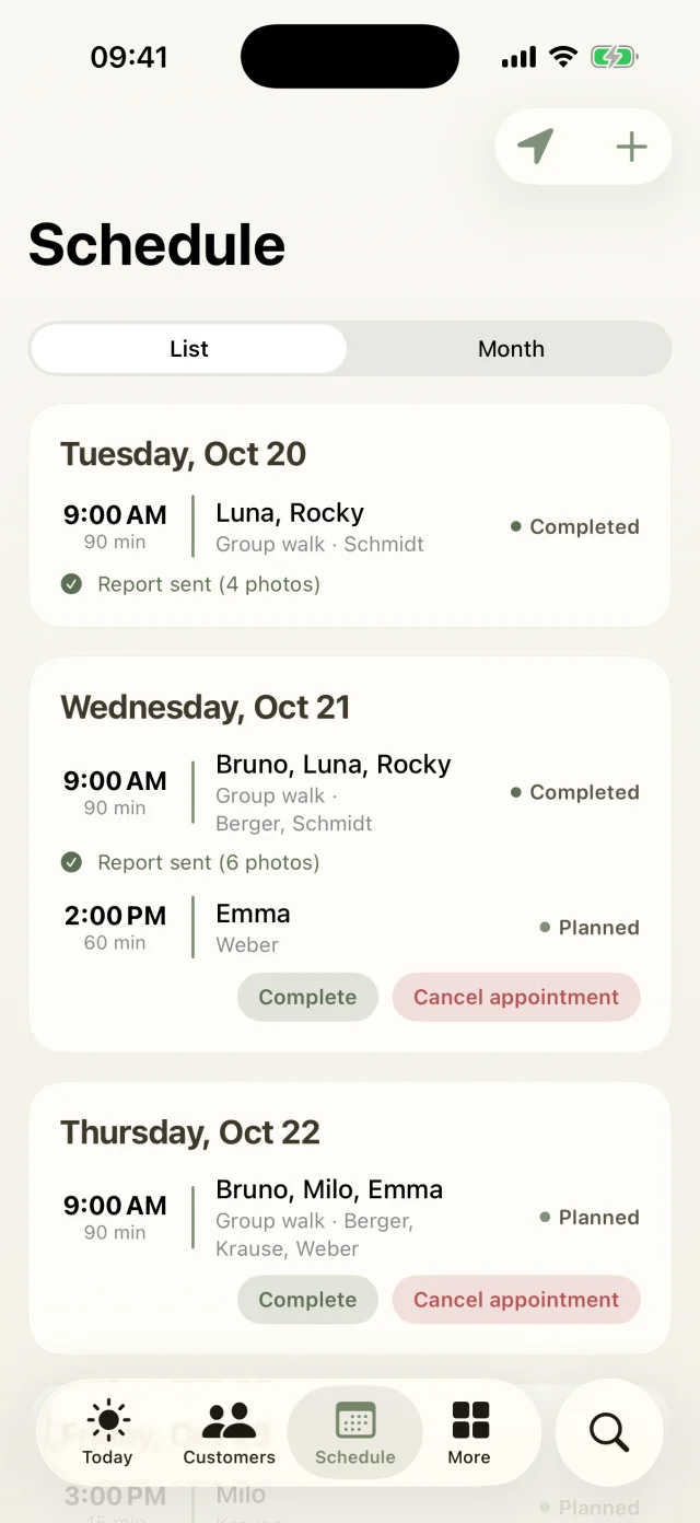 Appointments sorted by day, with complete and cancel actions.