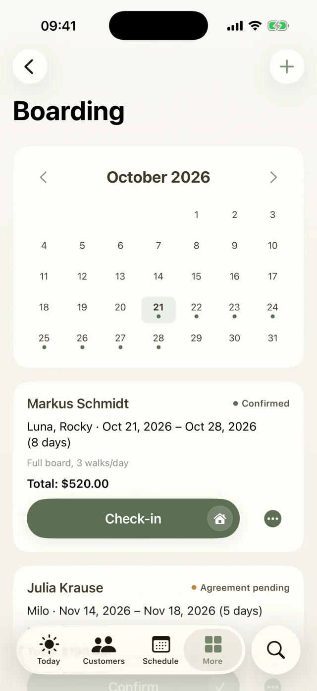 Boarding with an occupancy calendar and booking cards with check-in.
