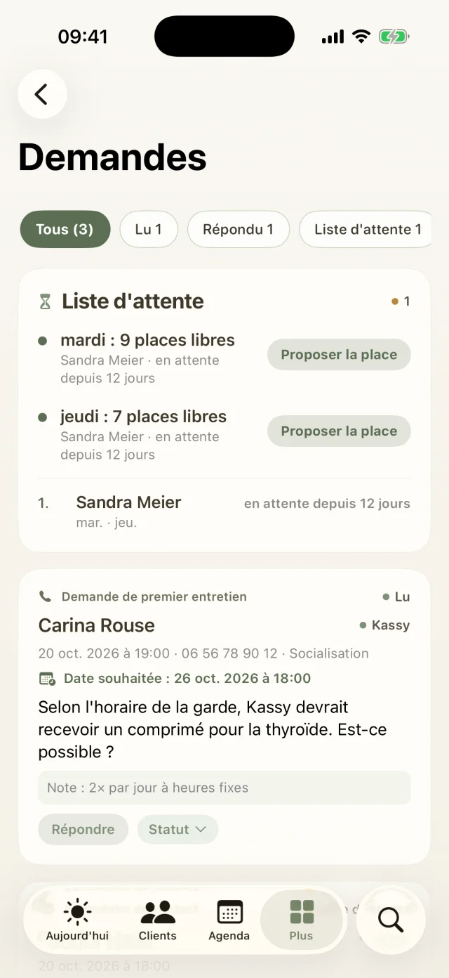 Demandes avec liste d'attente, demande de premier rendez-vous et date souhaitée.