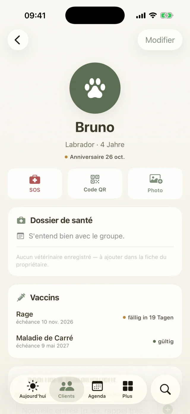 Profil de Bruno avec dossier santé et vaccins avec échéances.