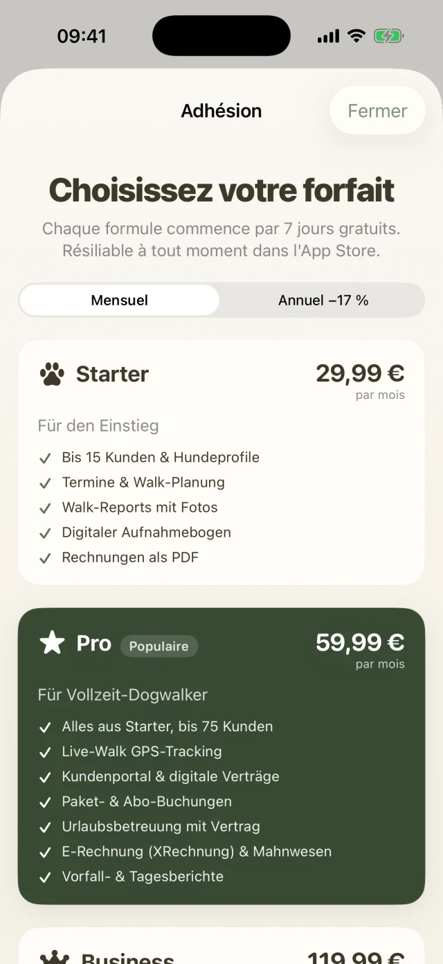 Choix de l'offre dans l'app entre Starter, Pro et Business.