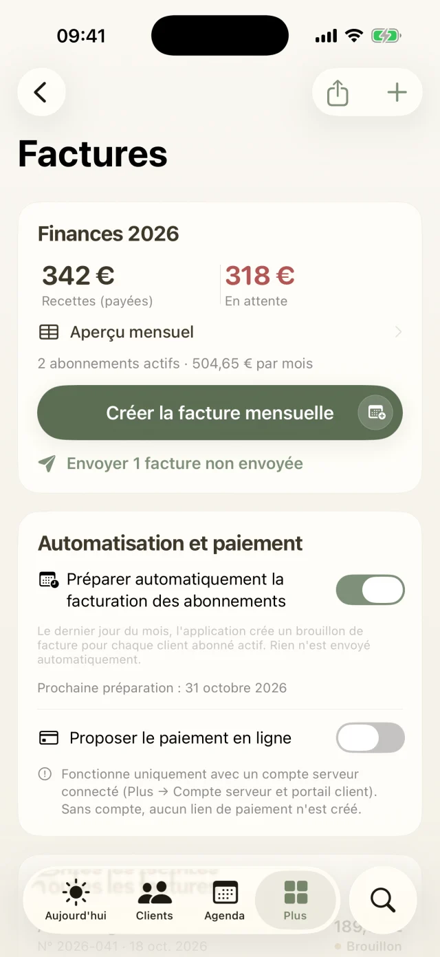 Factures dans Dog Walkers : recettes, montants en attente, facturation mensuelle et abonnements automatiques.