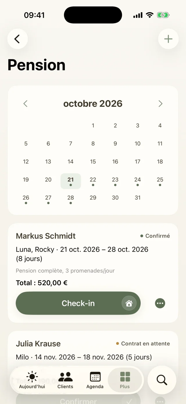 Garde vacances avec calendrier d'occupation et cartes de réservation avec check-in.