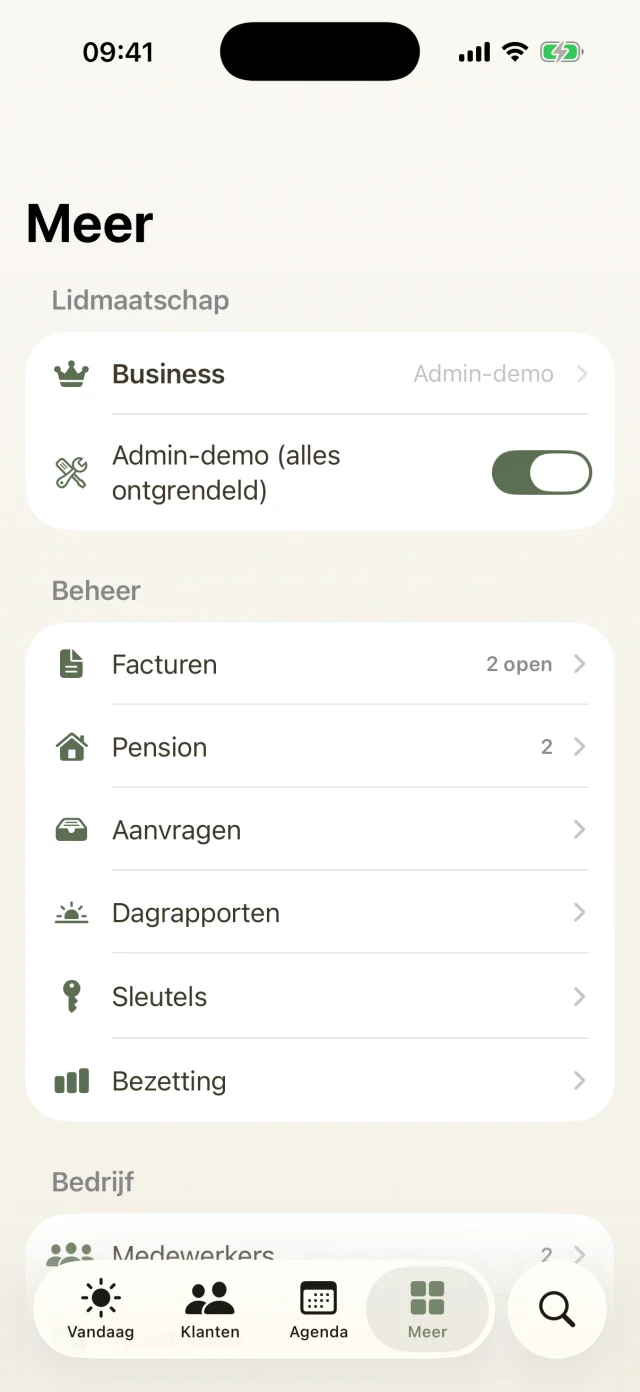 Meer-scherm met lidmaatschap, facturen, vakantieopvang, aanvragen, dagverslagen, sleutels en bezetting.