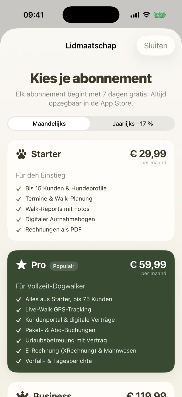 Abonnementskeuze in de app met Starter, Pro en Business.