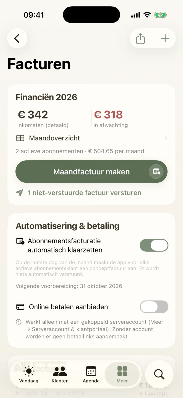 Facturen met resultatenoverzicht, maandafrekening en automatiseringsinstellingen.