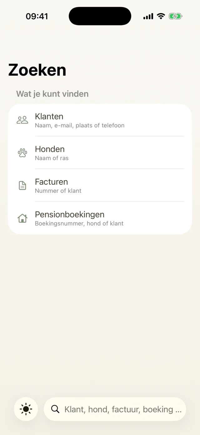 Eén zoekfunctie voor klanten, honden, facturen en vakantieboekingen.